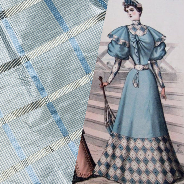 NEW Miss Jaqueline Designer 100% Silk Taffeta Gingham Ribbon Square Stripes Fabric - Blue and Gold SB_6_28 - Fancy Styles Fabric Pierre Frey Lee Jofa Brunschwig & Fils