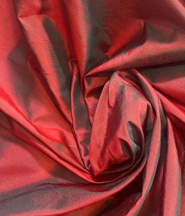 NEW Duchess Mable 100% Silk Dupioni Fabric Solid Red w/ Electric Green Iridescence - Fancy Styles Fabric Pierre Frey Lee Jofa Brunschwig & Fils