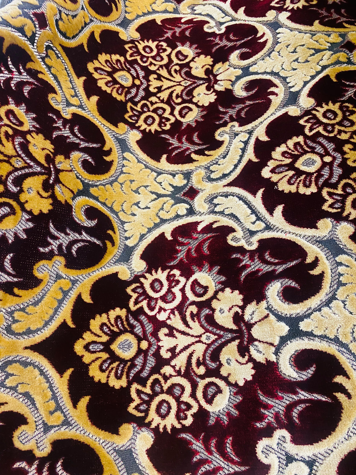 NEW Sir Scott Designer Italian Burnout Medallion Chenille Velvet Fabric Ruby Red and Beige Yellow- Upholstery - Fancy Styles Fabric Pierre Frey Lee Jofa Brunschwig & Fils