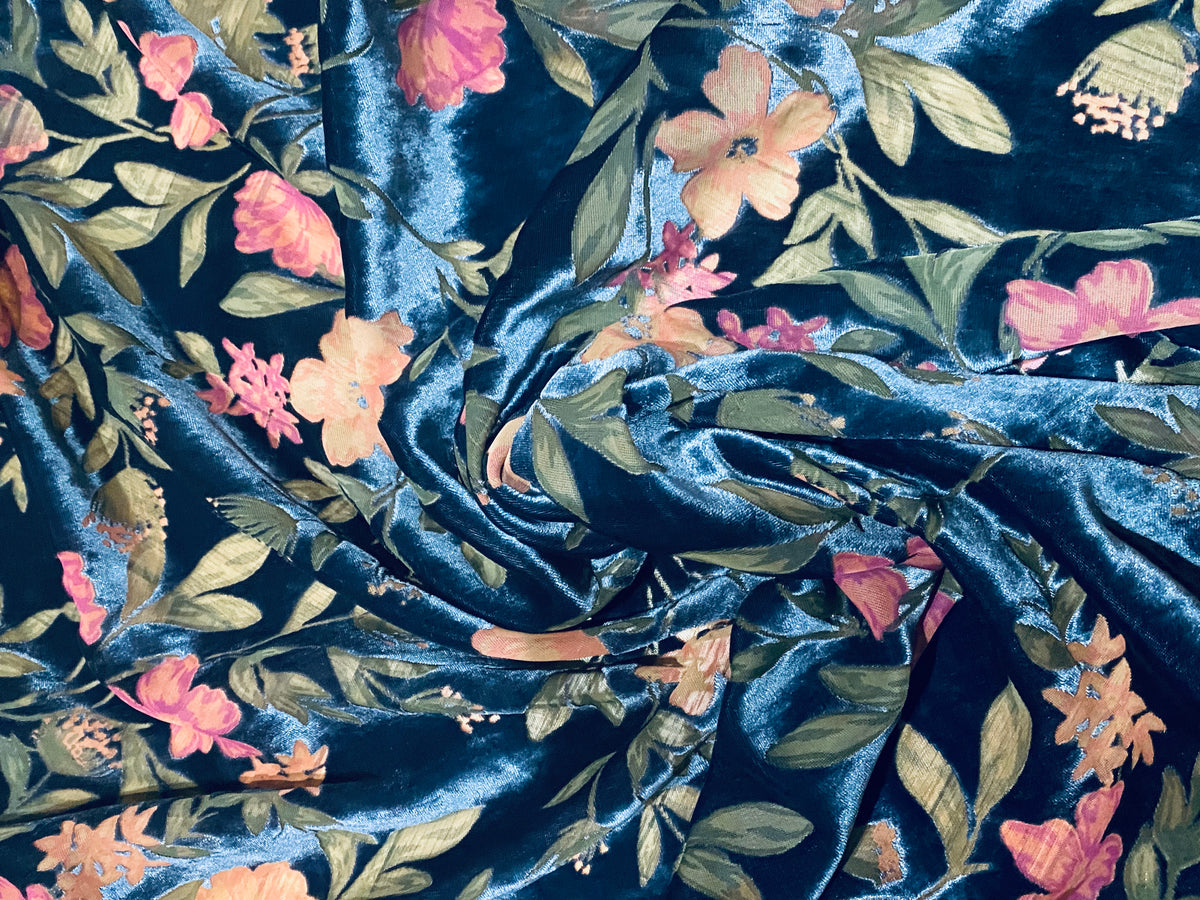 NEW! Miss Melanie Designer Rayon Burnout Velvet Floral Fabric - Dark Peacock Blue - Fancy Styles Fabric Pierre Frey Lee Jofa Brunschwig & Fils