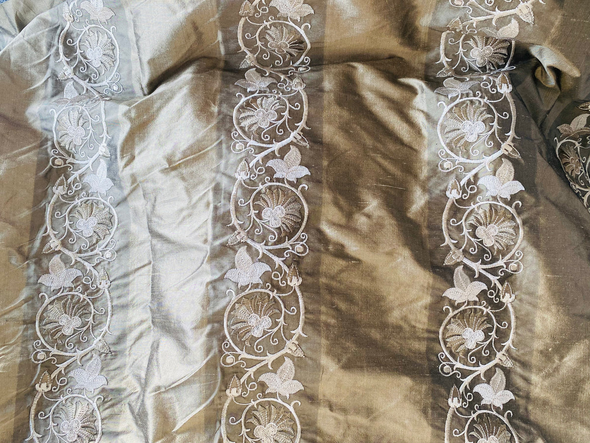 NEW Duchess Jezebel 100% Silk Taffeta Embroidered Scroll Stripe Floral Motif (no satin ribbon stripe) Old Gold - Fancy Styles Fabric Pierre Frey Lee Jofa Brunschwig & Fils