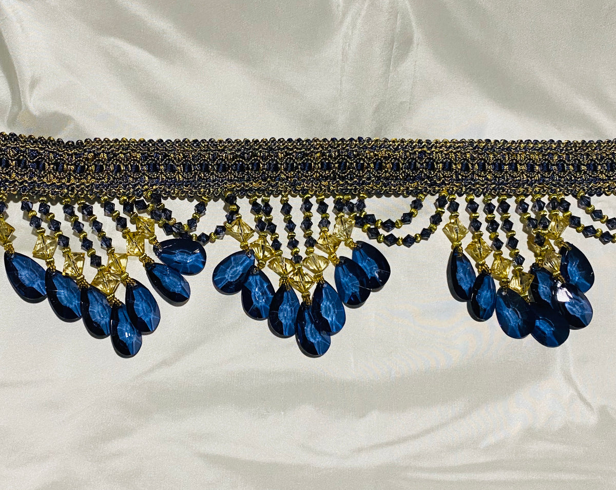 NEW! Queen Cassandra Blue & Gold Beaded Trim - Fancy Styles Fabric Pierre Frey Lee Jofa Brunschwig & Fils
