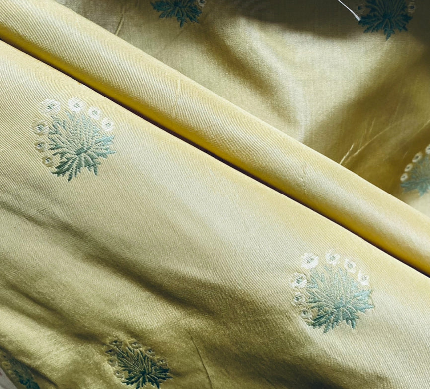 NEW Lady York Novelty Medallion Embroidered 100% Silk Fabric in French Yellow - Fancy Styles Fabric Pierre Frey Lee Jofa Brunschwig & Fils