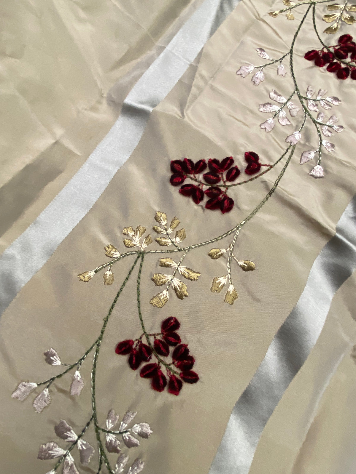 Lady Lana Designer 100% Silk Taffeta Embroidered Fabric- Grey Burgundy Stripe Floral - Fancy Styles Fabric Pierre Frey Lee Jofa Brunschwig & Fils