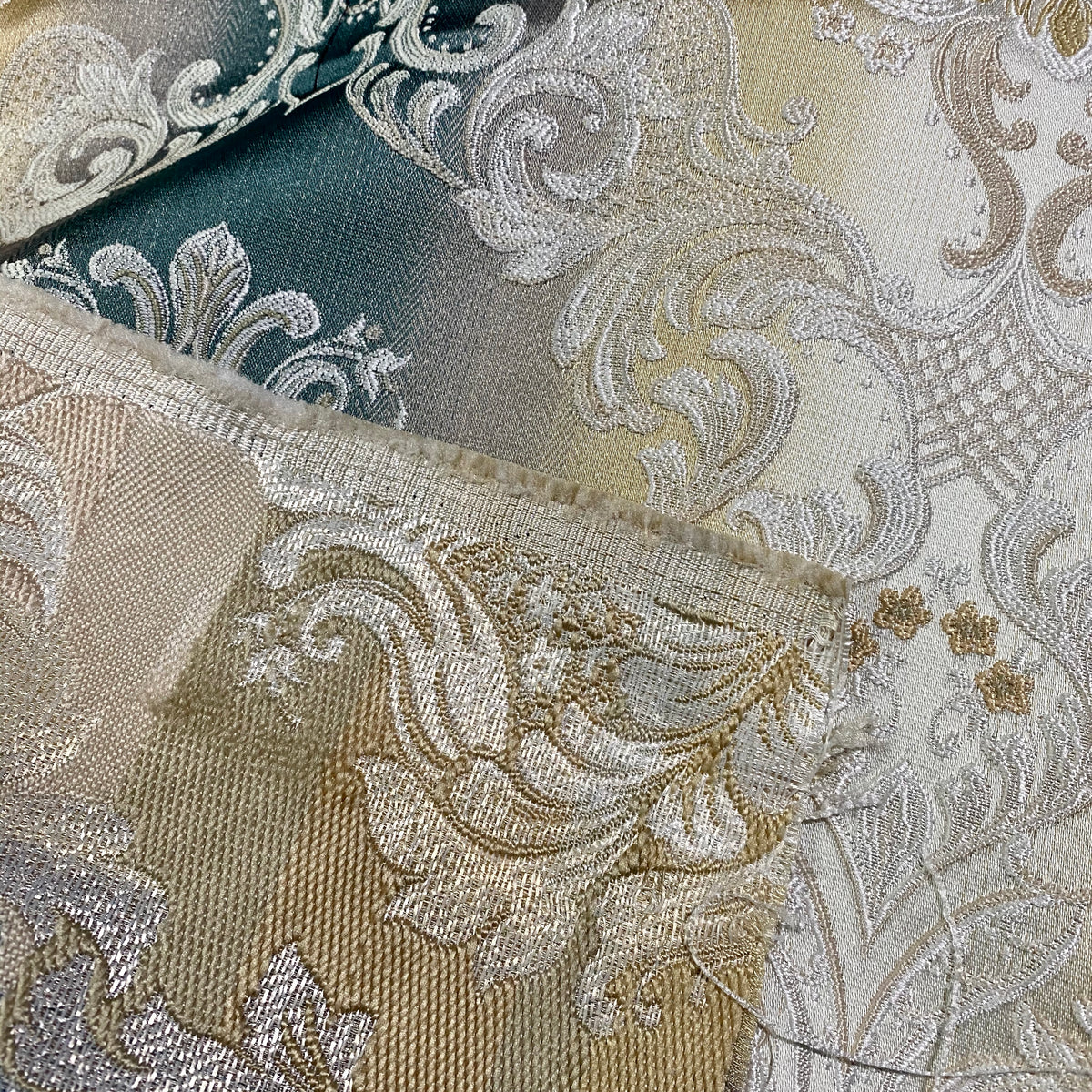 NEW King Louis XIV Novelty Neoclassical Brocade Medallion Floral Satin Fabric - Teal - Fancy Styles Fabric Pierre Frey Lee Jofa Brunschwig & Fils