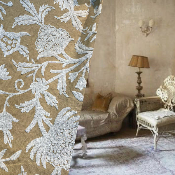 NEW! SALE! Lady Gelina Novelty Crewel Embroidered 100% Cotton Fabric Camel and White - Fancy Styles Fabric Pierre Frey Lee Jofa Brunschwig & Fils