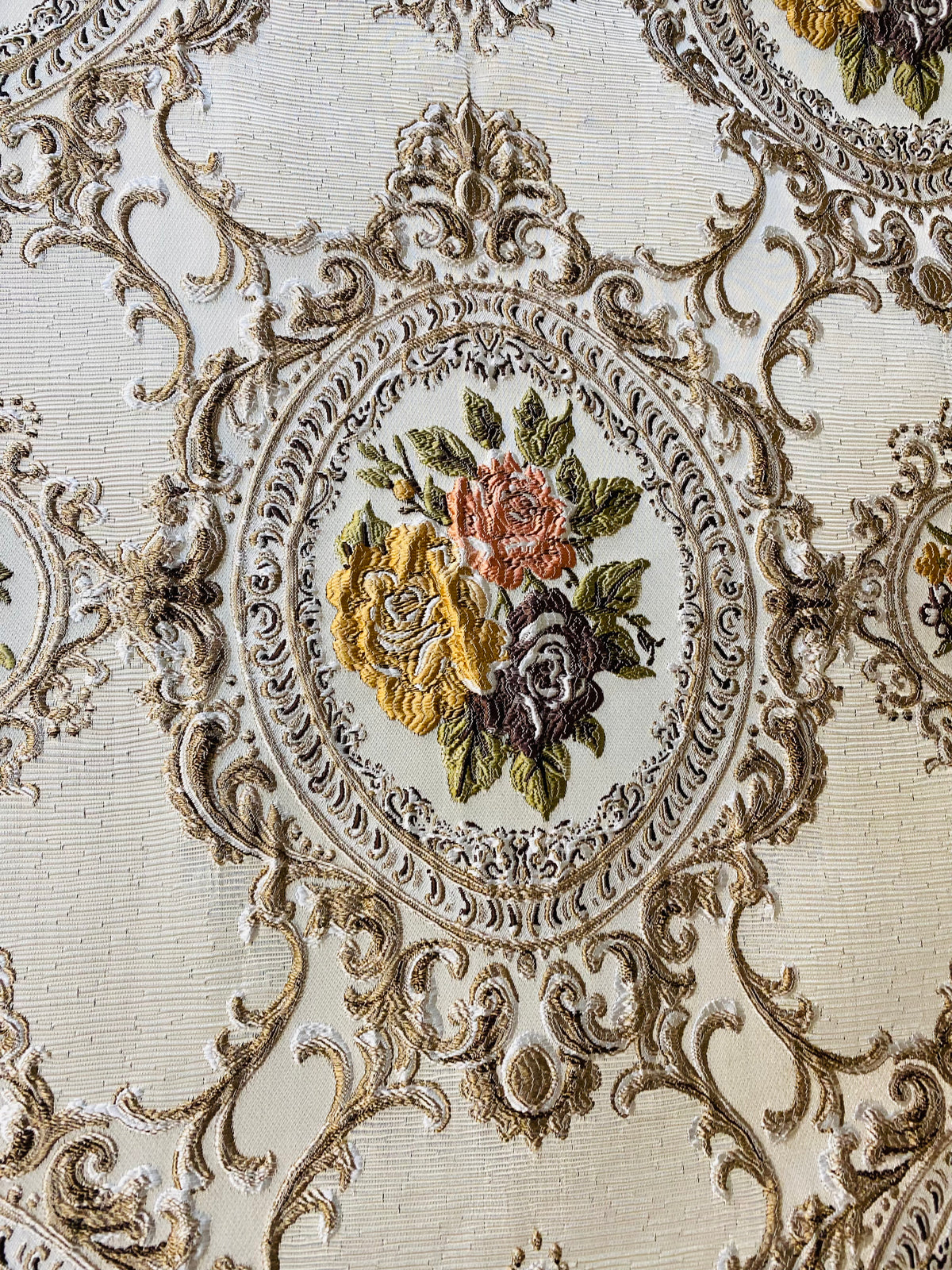 NEW Queen Rose Designer Brocade Satin Fabric- Antique Yellow Pink Roses - Upholstery - Fancy Styles Fabric Pierre Frey Lee Jofa Brunschwig & Fils