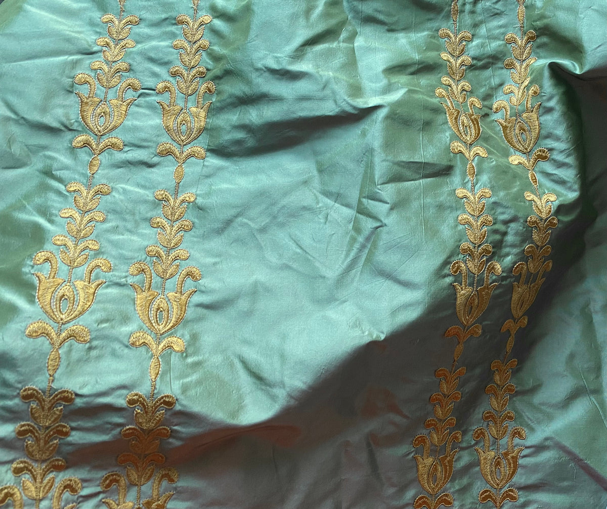 NEW Queen Marguerite 100% Silk Taffeta Dupioni Green Fabric - Gold Embroidered- SB_3_20 - Fancy Styles Fabric Pierre Frey Lee Jofa Brunschwig & Fils