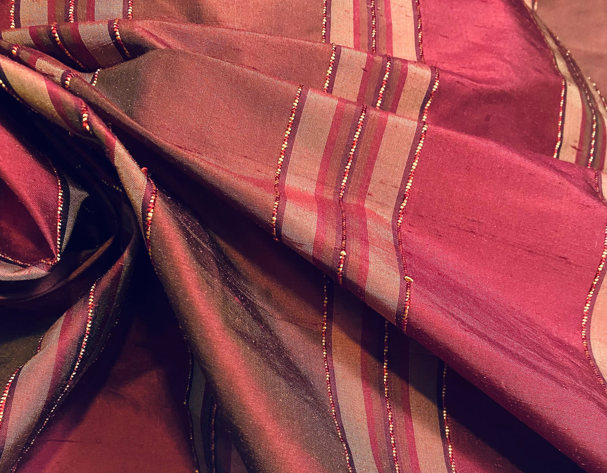 NEW Queen River Novelty 100% Silk Dupioni Embroidered Stripe Fabric - Red Burgundy - Fancy Styles Fabric Pierre Frey Lee Jofa Brunschwig & Fils