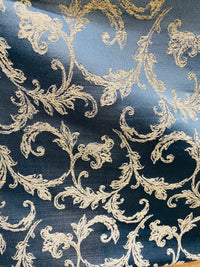 NEW! Princess Panther Brocade Leaf Swirly Motif Satin Fabric- Blue - Fancy Styles Fabric Pierre Frey Lee Jofa Brunschwig & Fils