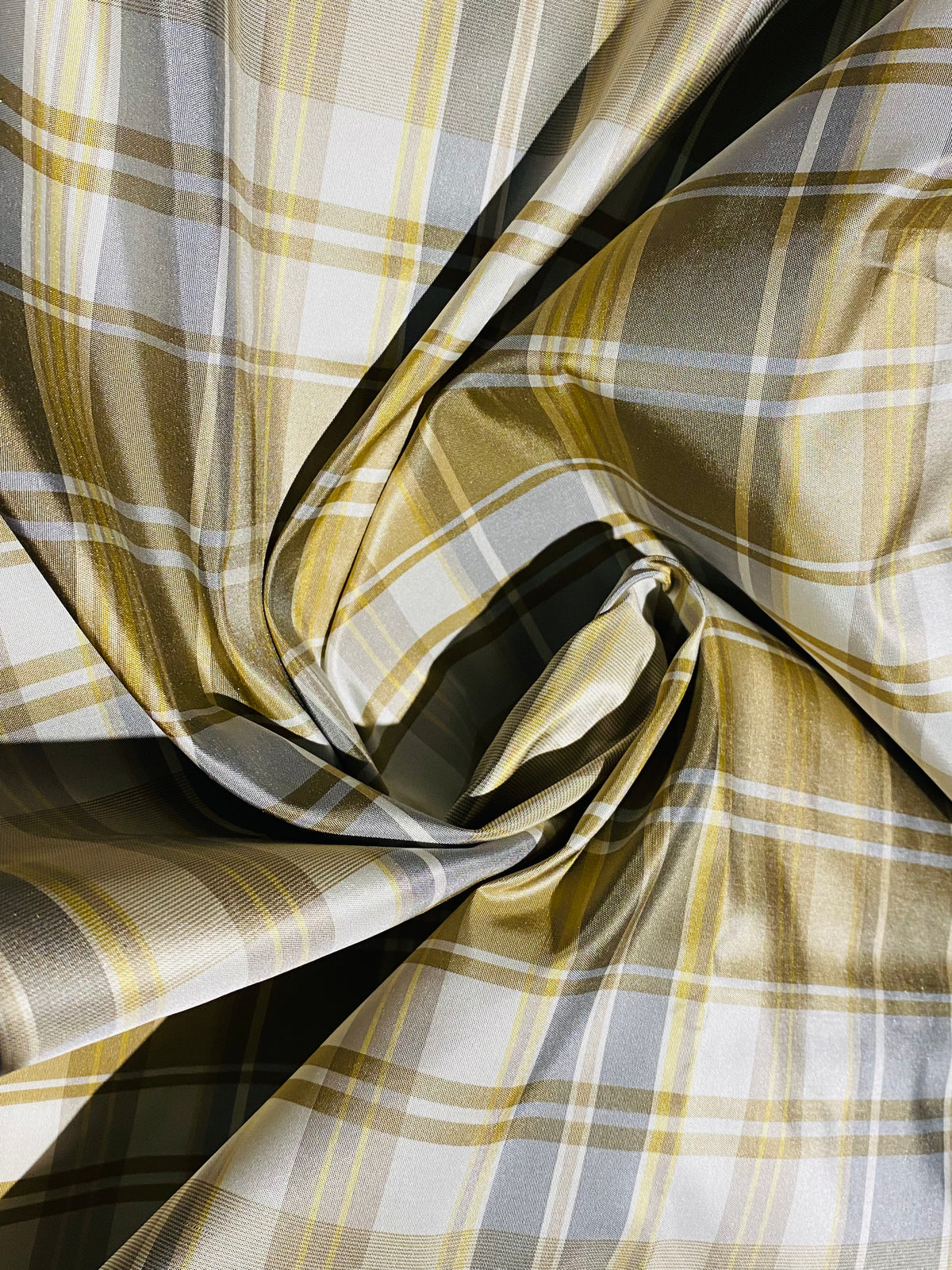 NEW Lady Riddle Designer 100% Silk Taffeta Plaid Tartan Fabric -Gold and Grey SB_6_20 - Fancy Styles Fabric Pierre Frey Lee Jofa Brunschwig & Fils