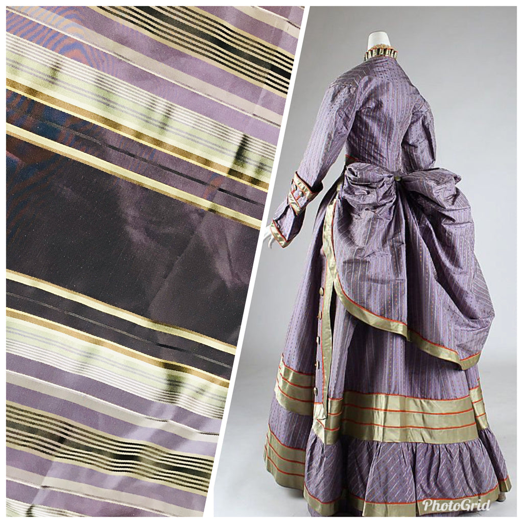 NEW Lady Sarah Designer 100% Silk Taffeta Dupioni Stripes Fabric - Purple Gold 55” Wide - Fancy Styles Fabric Pierre Frey Lee Jofa Brunschwig & Fils