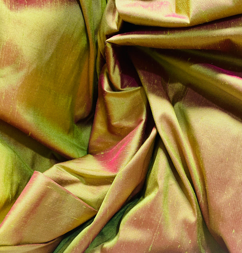 NEW Duchess Mable Designer 100% Silk Dupioni Fabric in Solid Electric Lime with Fuchsia Pink Iridescence