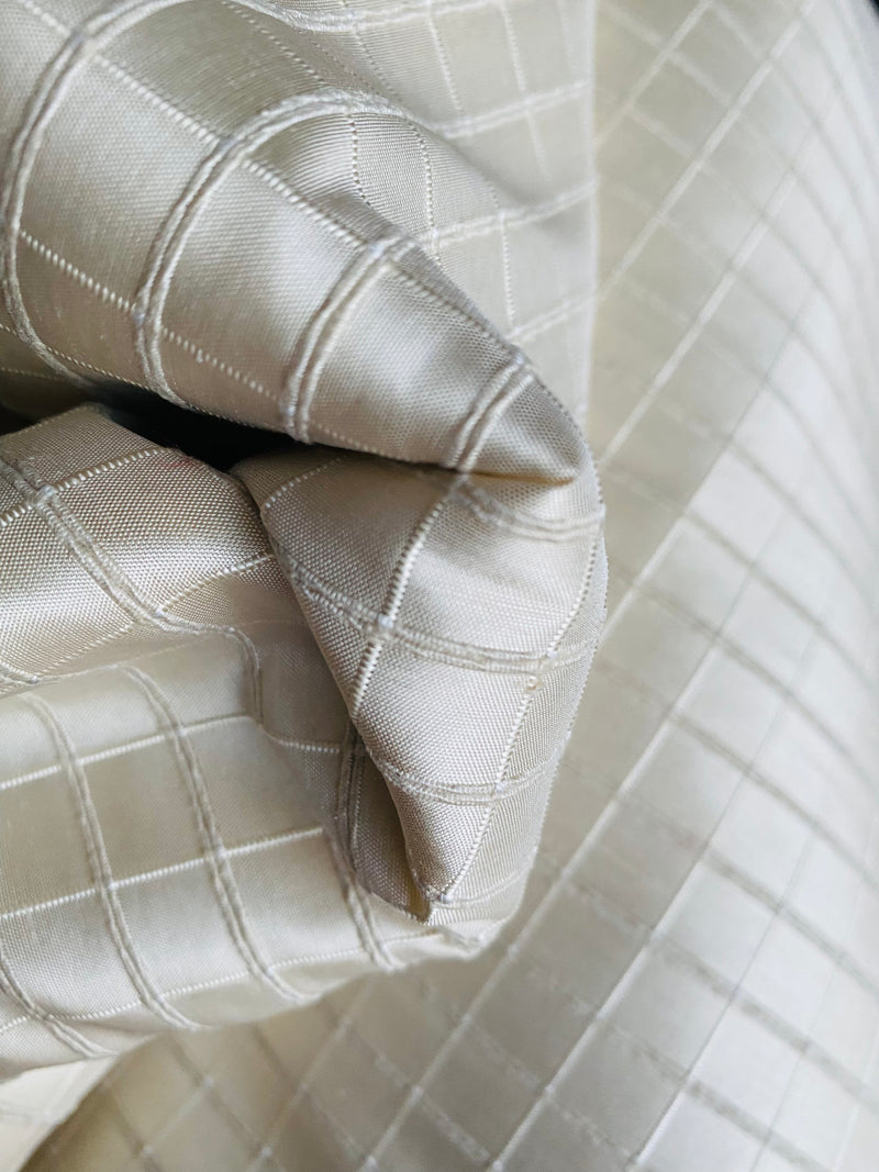 NEW Duchess Jenna 100% Silk Taffeta Fabric- Bone White with Embroidered Squares- SB_6_1