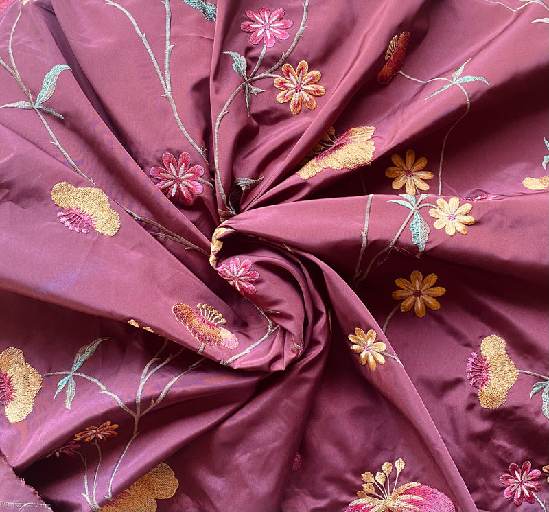 Live Deal: Designer Faux Silk Taffeta Embroidered Floral Fabric- Terra Cotta Burnt Red