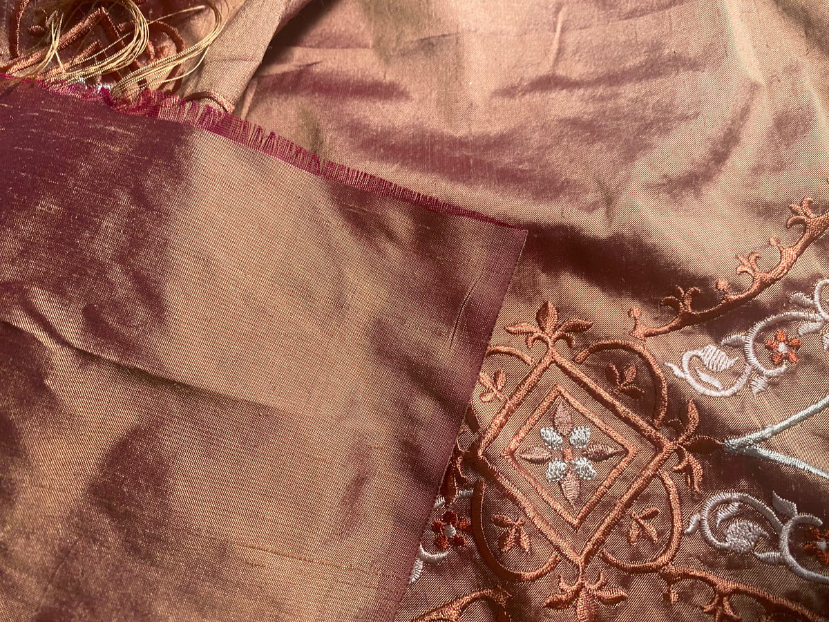 NEW Queen Riviera Novelty 100% Silk Dupioni Embroidered Floral Fabric - Copper Pink - Fancy Styles Fabric Pierre Frey Lee Jofa Brunschwig & Fils