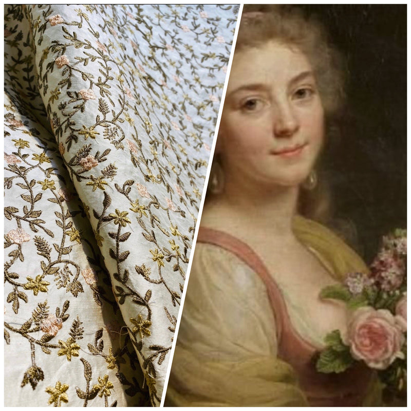 Princess Esme 100% Silk Dupioni Taffeta Embroidered Fabric - Floral Beige BTY - Fancy Styles Fabric Pierre Frey Lee Jofa Brunschwig & Fils