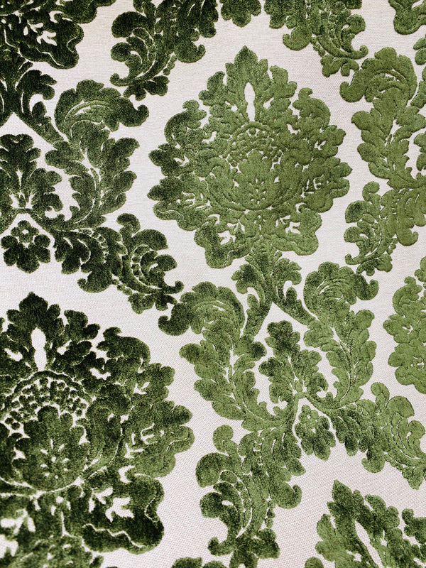 NEW! Duke Gabriel Designer Damask Burnout Chenille Velvet Fabric - Olive Green - Fancy Styles Fabric Pierre Frey Lee Jofa Brunschwig & Fils