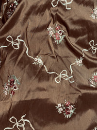 Princess Amelia Designer 100% Silk Dupioni Fabric - Brown Floral Bouquet with Bows - Fancy Styles Fabric Pierre Frey Lee Jofa Brunschwig & Fils