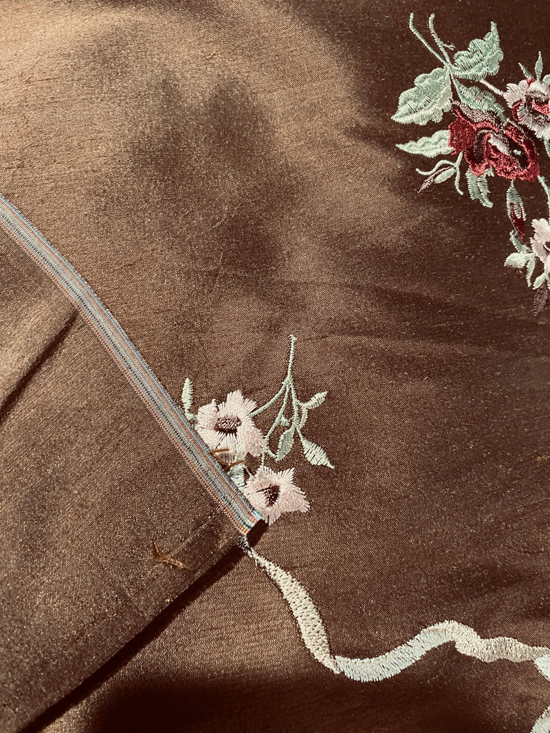 NEW! Princess Amelia Designer 100% Silk Dupioni Fabric - Brown Floral Bouquet with Bows - Fancy Styles Fabric Pierre Frey Lee Jofa Brunschwig & Fils