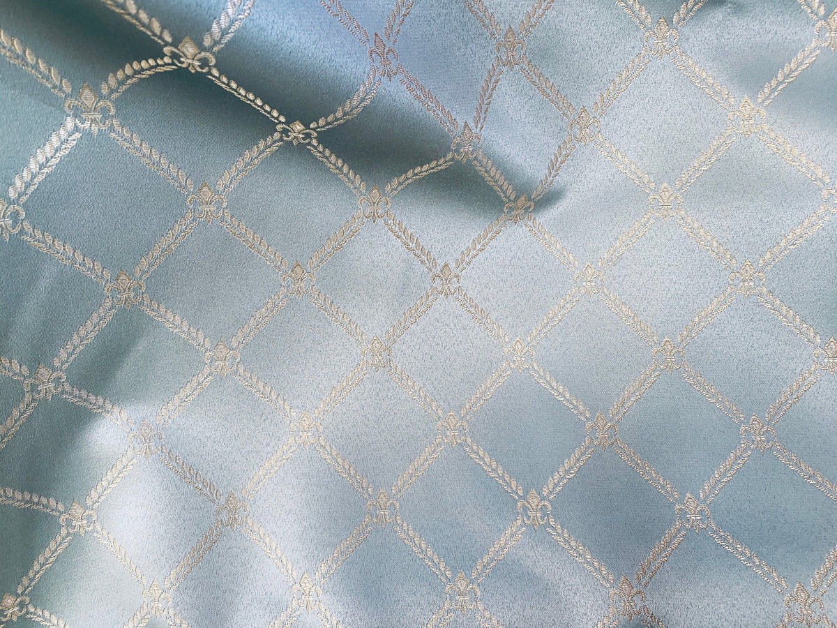 NEW Sir Davidoff Satin Diamond Fleur De Lis Drapery Upholstery Fabric - Duck Egg Blue Style# JP10002 - Fancy Styles Fabric Pierre Frey Lee Jofa Brunschwig & Fils