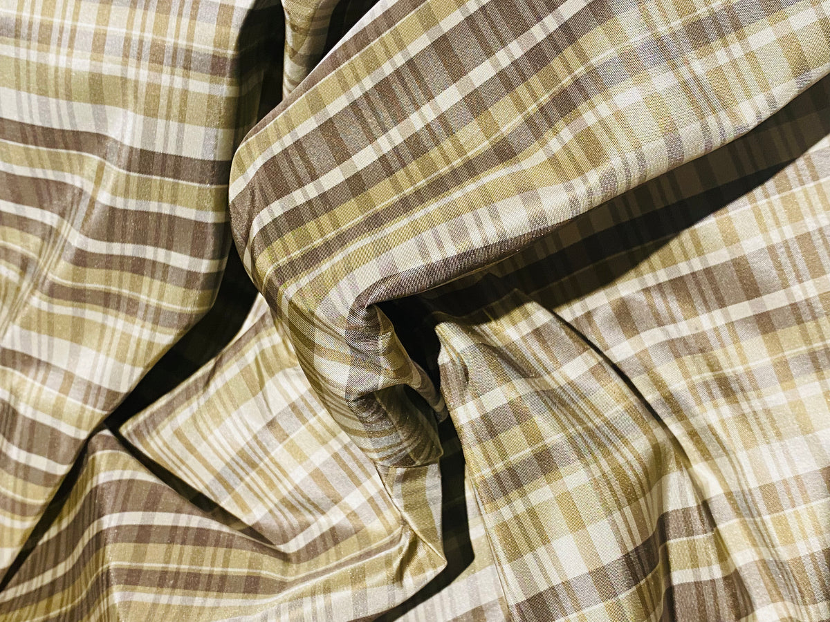 NEW Lady Riley Designer 100% Silk Taffeta Plaid Tartan Fabric- Gold, Taupe, and Cream SB_6_39 - Fancy Styles Fabric Pierre Frey Lee Jofa Brunschwig & Fils
