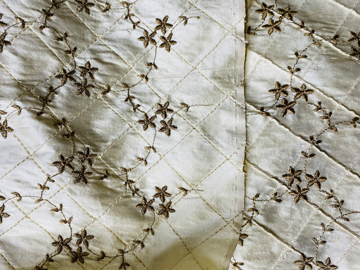 Queen Elisabeth 100% Silk Dupioni Embroidered Quilted Floral Fabric- Ivory - Fancy Styles Fabric Pierre Frey Lee Jofa Brunschwig & Fils