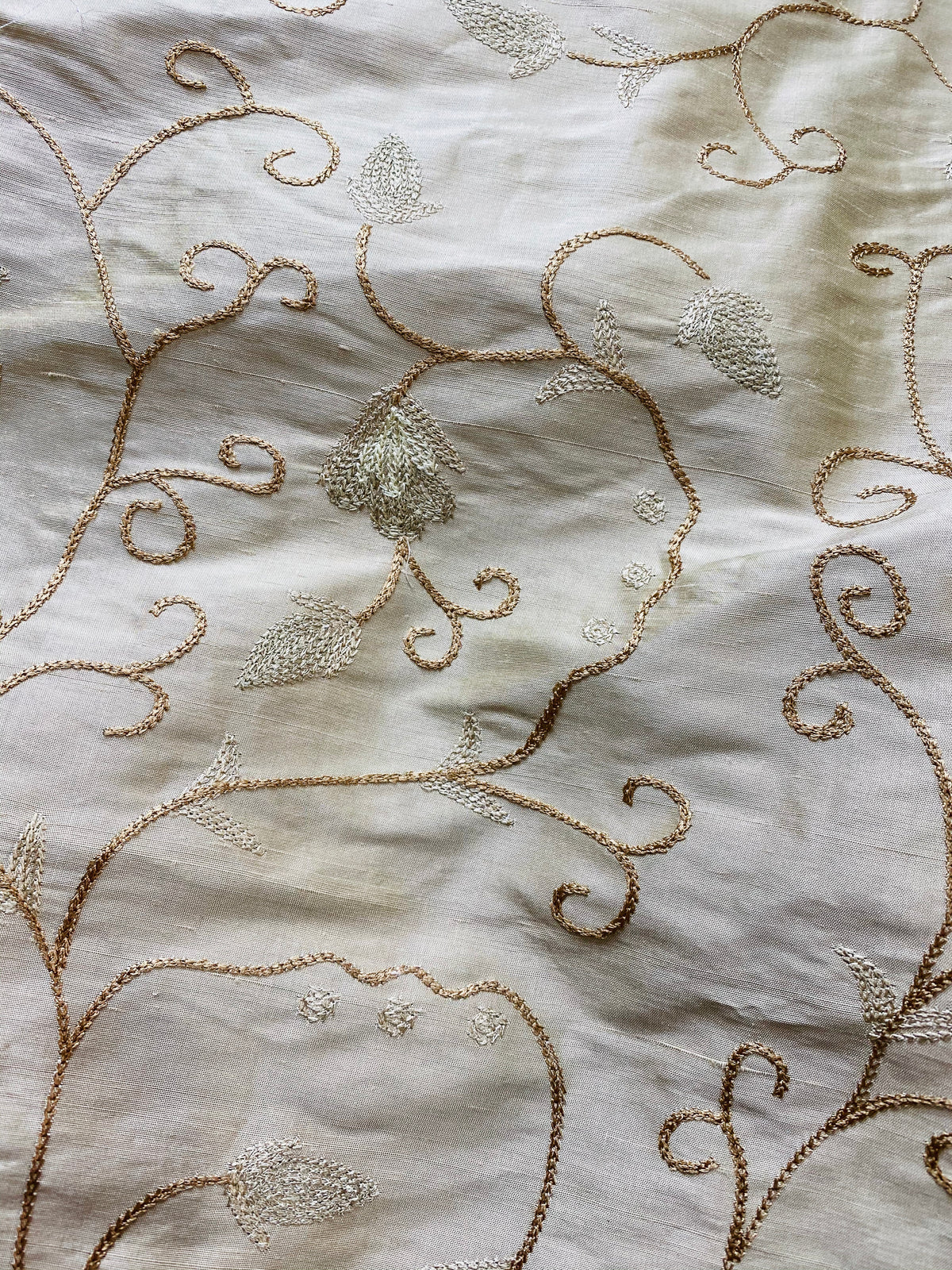 NEW Princess Primrose 100% Silk Dupioni Fabric With Crewel Floral Embroidery- Bone - Fancy Styles Fabric Pierre Frey Lee Jofa Brunschwig & Fils