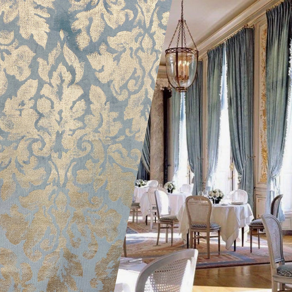 NEW! Lady Calentine Designer Burnout Antique Inspired Velvet Fabric Light Blue And Gold - Fancy Styles Fabric Pierre Frey Lee Jofa Brunschwig & Fils