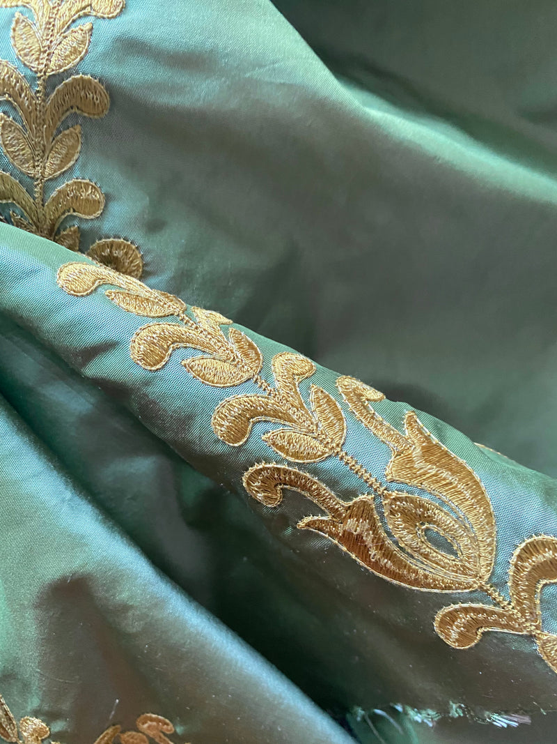 NEW Queen Marguerite 100% Silk Taffeta Dupioni Green Fabric - Gold Embroidered- SB_3_20