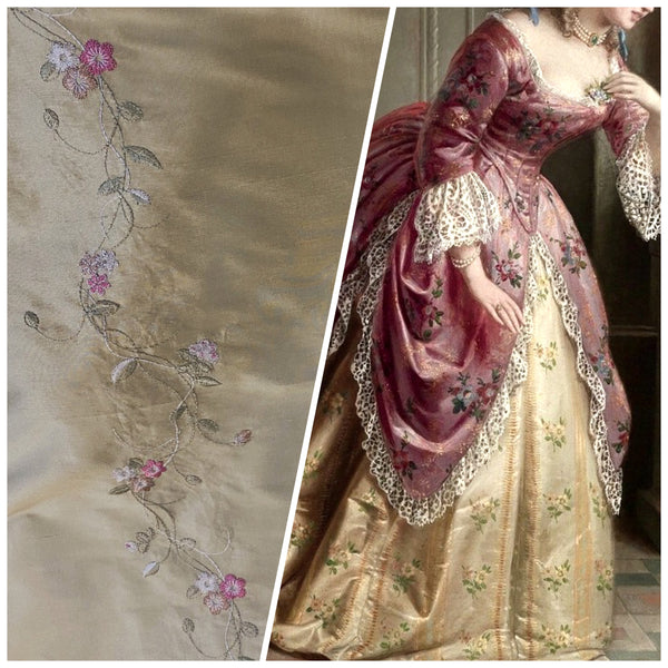 NEW! Duchess Rowena 100% Silk Dupioni Embroidery Floral Fabric- Light Gold SB_3_8 - Fancy Styles Fabric Pierre Frey Lee Jofa Brunschwig & Fils