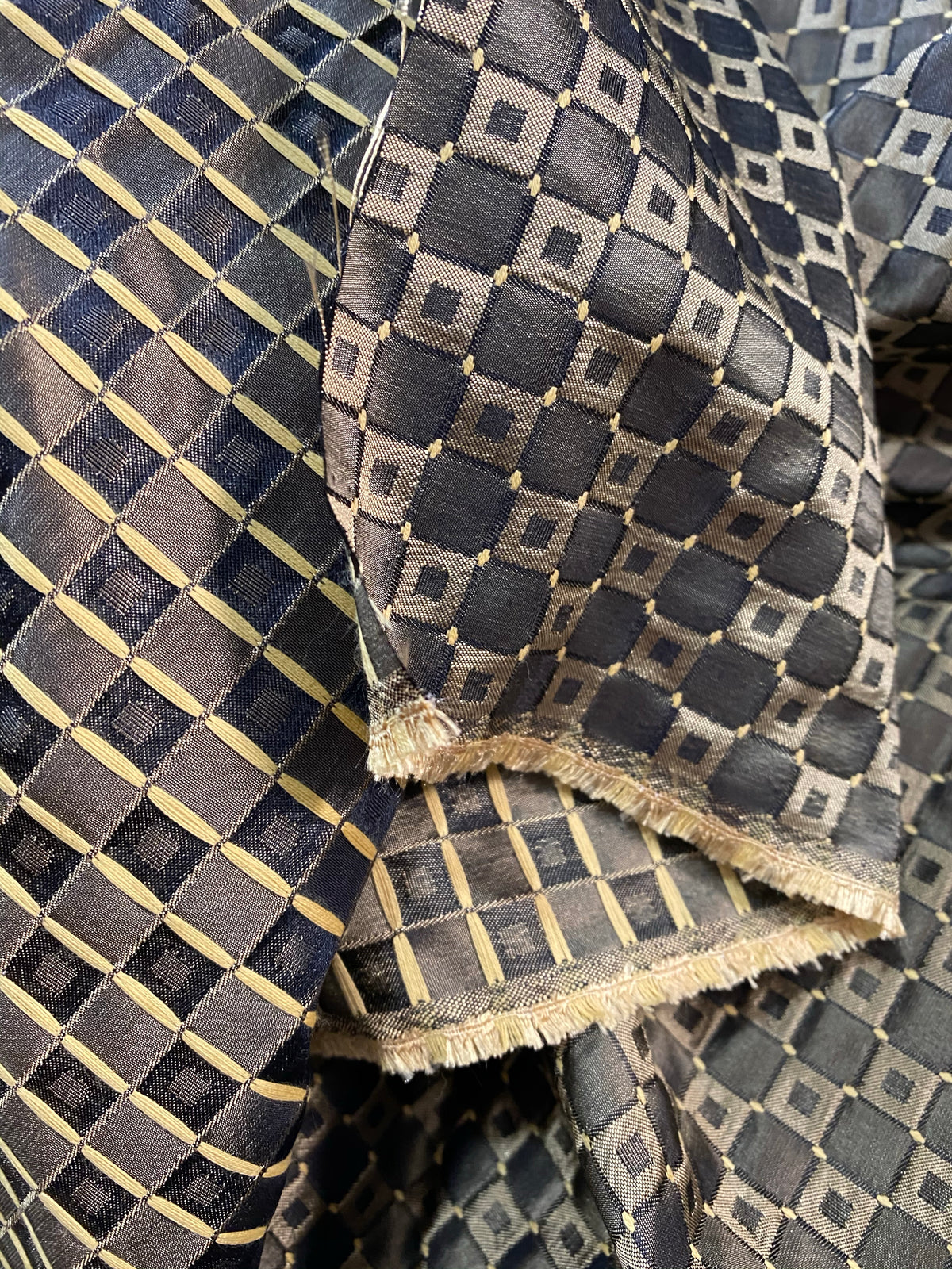 1 Yard Remnant- Queen Angelina- 100% Silk Fabric with Black and Gold Honeycomb Motif - Fancy Styles Fabric Pierre Frey Lee Jofa Brunschwig & Fils