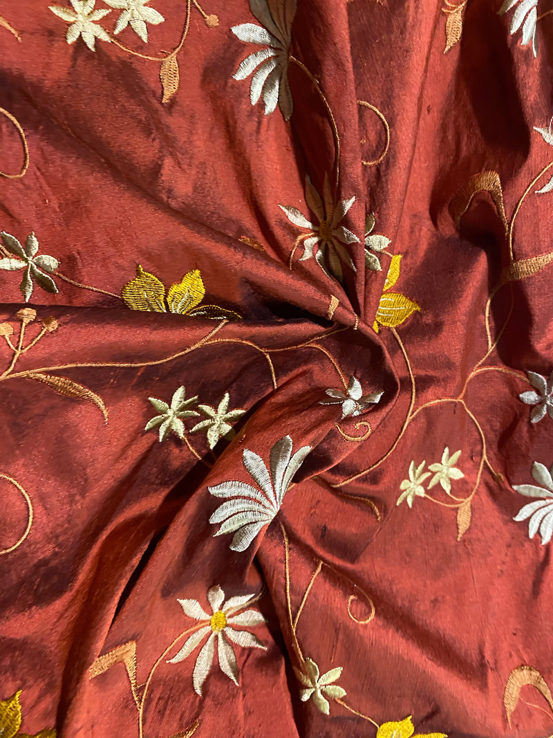 NEW! Duchess Janna Designer 100% Silk Dupioni Embroidered Fabric - Rust Red Floral - Fancy Styles Fabric Pierre Frey Lee Jofa Brunschwig & Fils