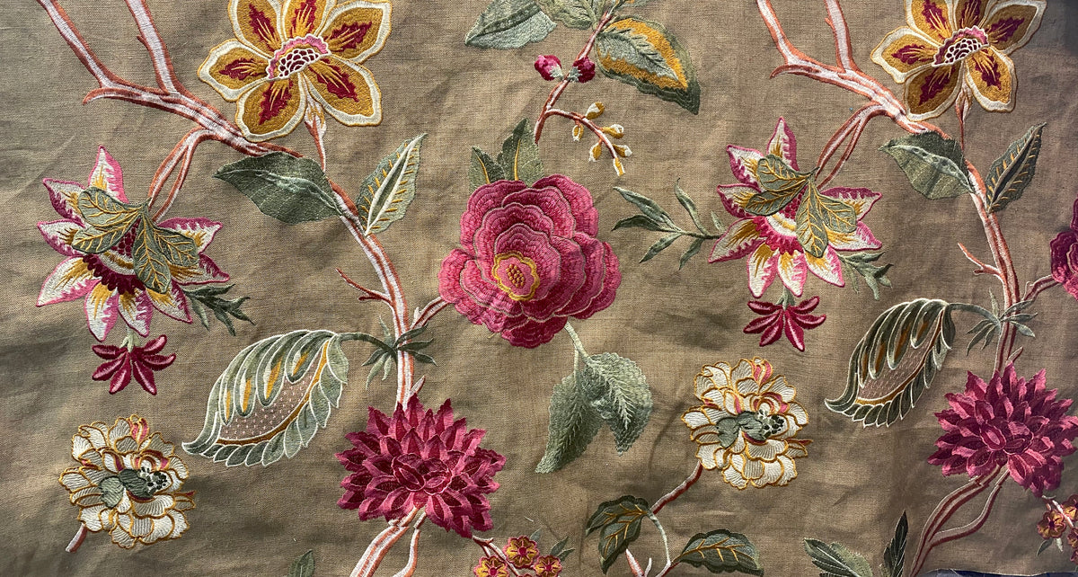 NEW! Lady Flora Novelty Imported 100% Linen Embroidered Oversized Floral Fabric - Fancy Styles Fabric Pierre Frey Lee Jofa Brunschwig & Fils