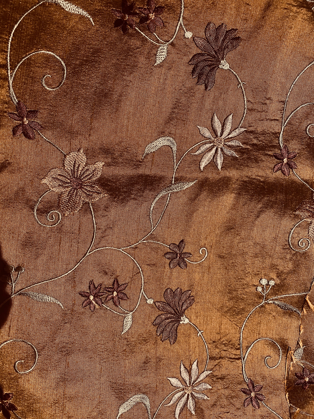 Queen Charlotte 100% Silk Dupioni in Copper with Black Irridescence with Embroidered Floral Motif Fabric - Fancy Styles Fabric Pierre Frey Lee Jofa Brunschwig & Fils