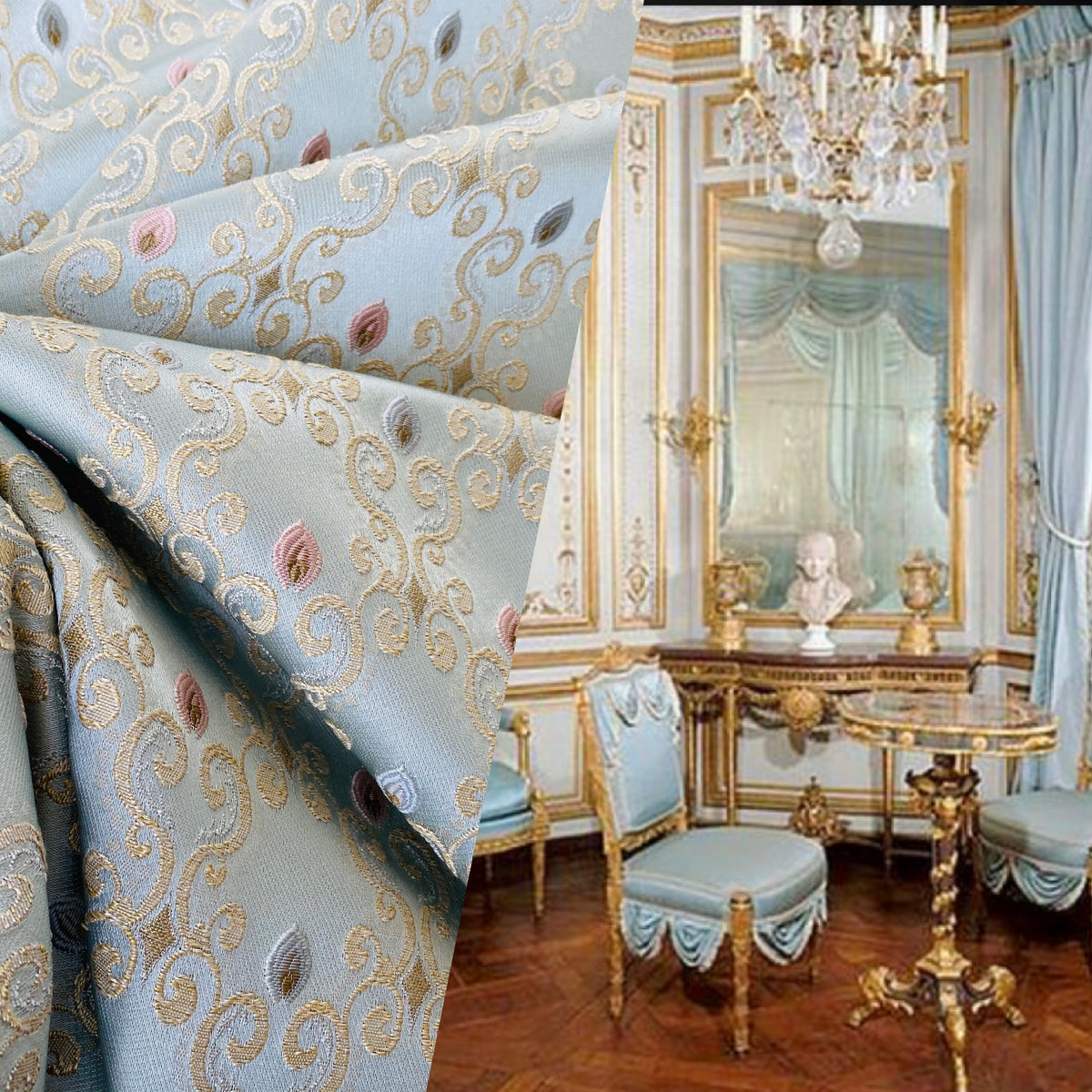 NEW Queen Chantal Novelty Ritz Neoclassical Brocade Dot Satin Fabric - Louis Blue - Fancy Styles Fabric Pierre Frey Lee Jofa Brunschwig & Fils