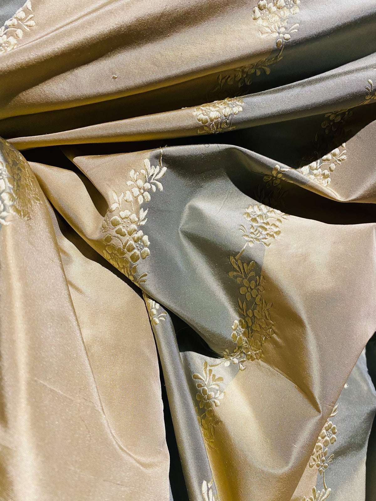 NEW Lady Kristen Designer 100% Silk Taffeta Embroidered Stripe Floral Fabric- Blue & Cream - Fancy Styles Fabric Pierre Frey Lee Jofa Brunschwig & Fils