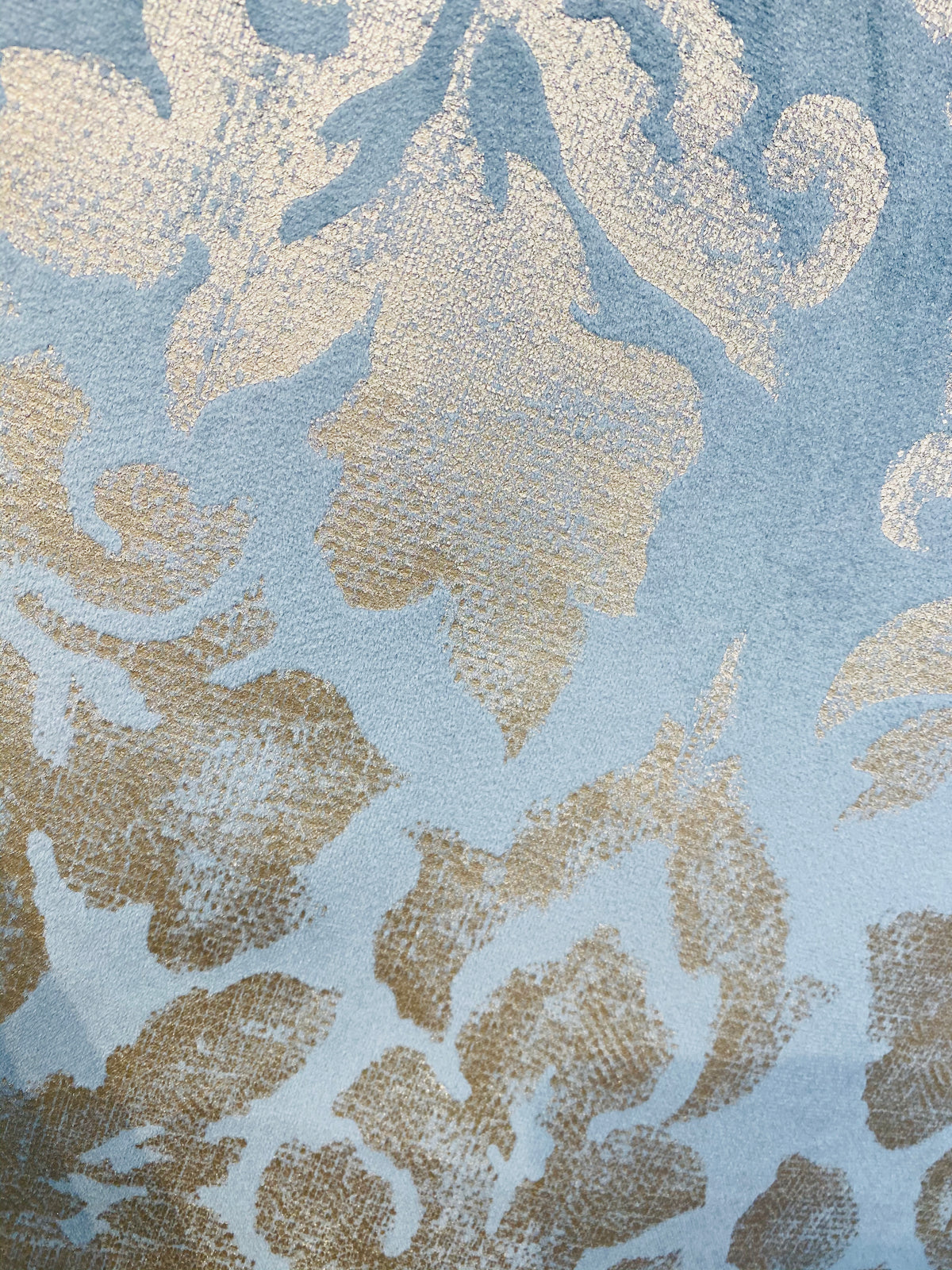 NEW! Lady Calentine Designer Burnout Antique Inspired Velvet Fabric Light Blue And Gold - Fancy Styles Fabric Pierre Frey Lee Jofa Brunschwig & Fils