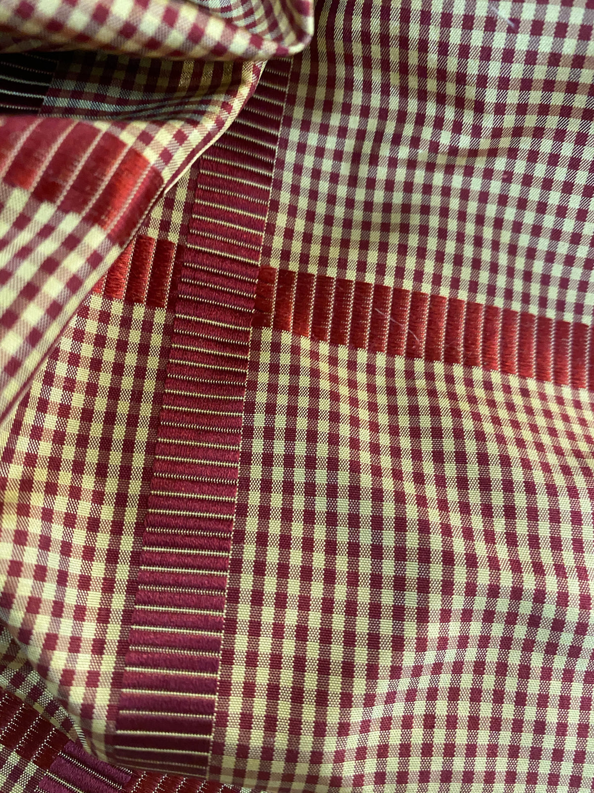 NEW! Miss Jaqueline Designer 100% Silk Taffeta Gingham Ribbon Stripes Plaid Fabric -Dark Red Beige SB_6_33 - Fancy Styles Fabric Pierre Frey Lee Jofa Brunschwig & Fils