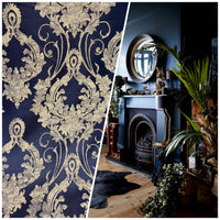 NEW Lord Tustin Brocade Upholstery & Drapery Satin Damask Fabric - Navy Blue - Fancy Styles Fabric Pierre Frey Lee Jofa Brunschwig & Fils