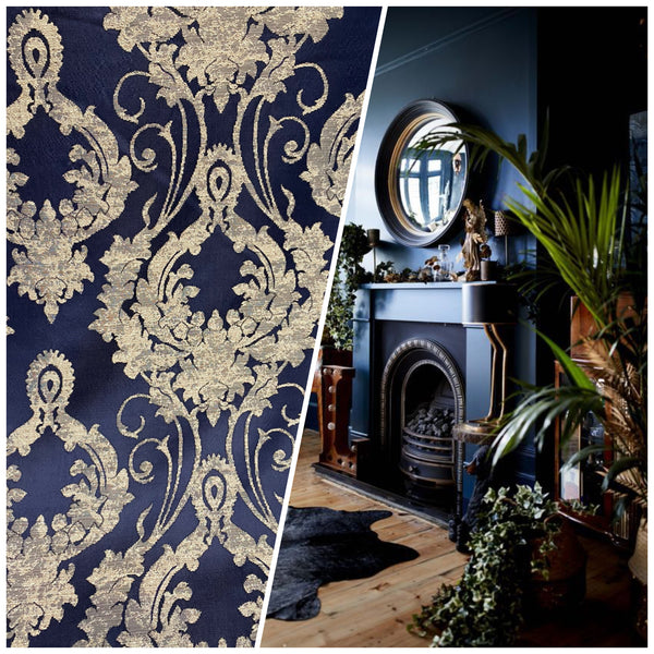 NEW Lord Tustin Brocade Upholstery & Drapery Satin Damask Fabric - Navy Blue - Fancy Styles Fabric Pierre Frey Lee Jofa Brunschwig & Fils
