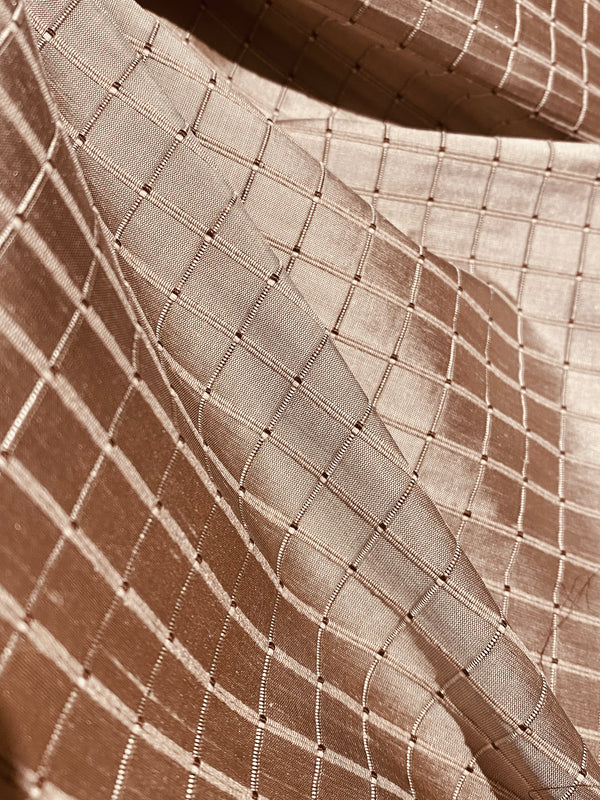 NEW Duchess Jenna 100% Silk Taffeta Fabric- Rose Gold with Embroidered Squares- SB_6_5 - Fancy Styles Fabric Pierre Frey Lee Jofa Brunschwig & Fils