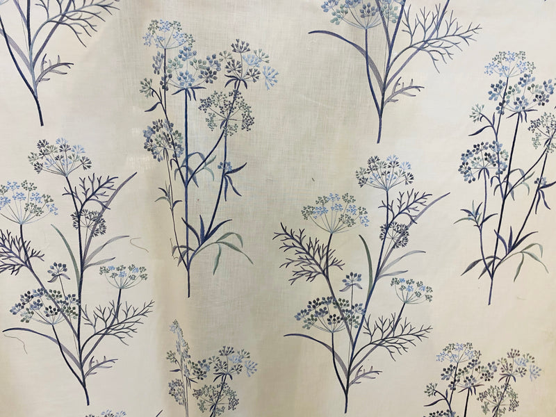 NEW! SALE! Queen Mandarina Novelty 100% Linen Fabric Floral Embroidery- Natural and Blue