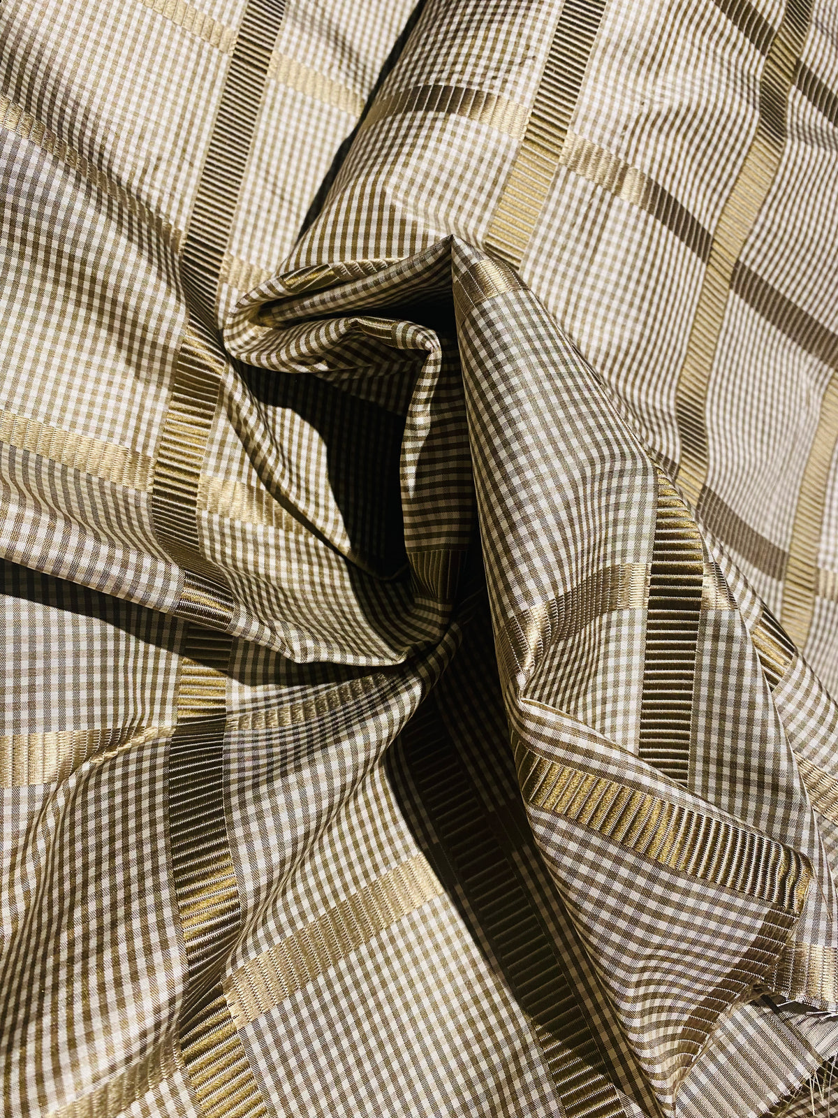 NEW Miss Jaqueline Designer 100% Silk Taffeta Gingham Ribbon Square Stripes Fabric - Old Gold SB_6_29 - Fancy Styles Fabric Pierre Frey Lee Jofa Brunschwig & Fils