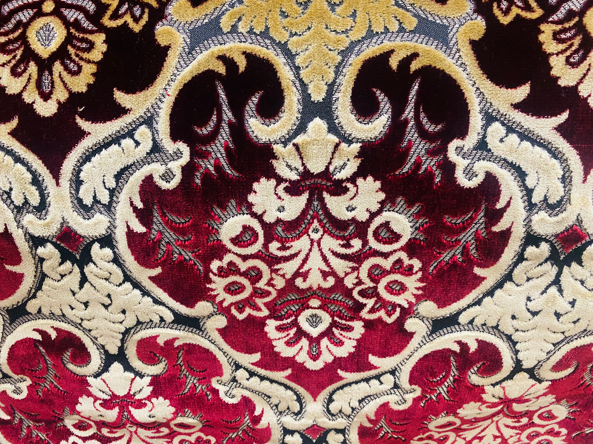 NEW Sir Scott Designer Italian Burnout Medallion Chenille Velvet Fabric Ruby Red and Beige Yellow- Upholstery - Fancy Styles Fabric Pierre Frey Lee Jofa Brunschwig & Fils