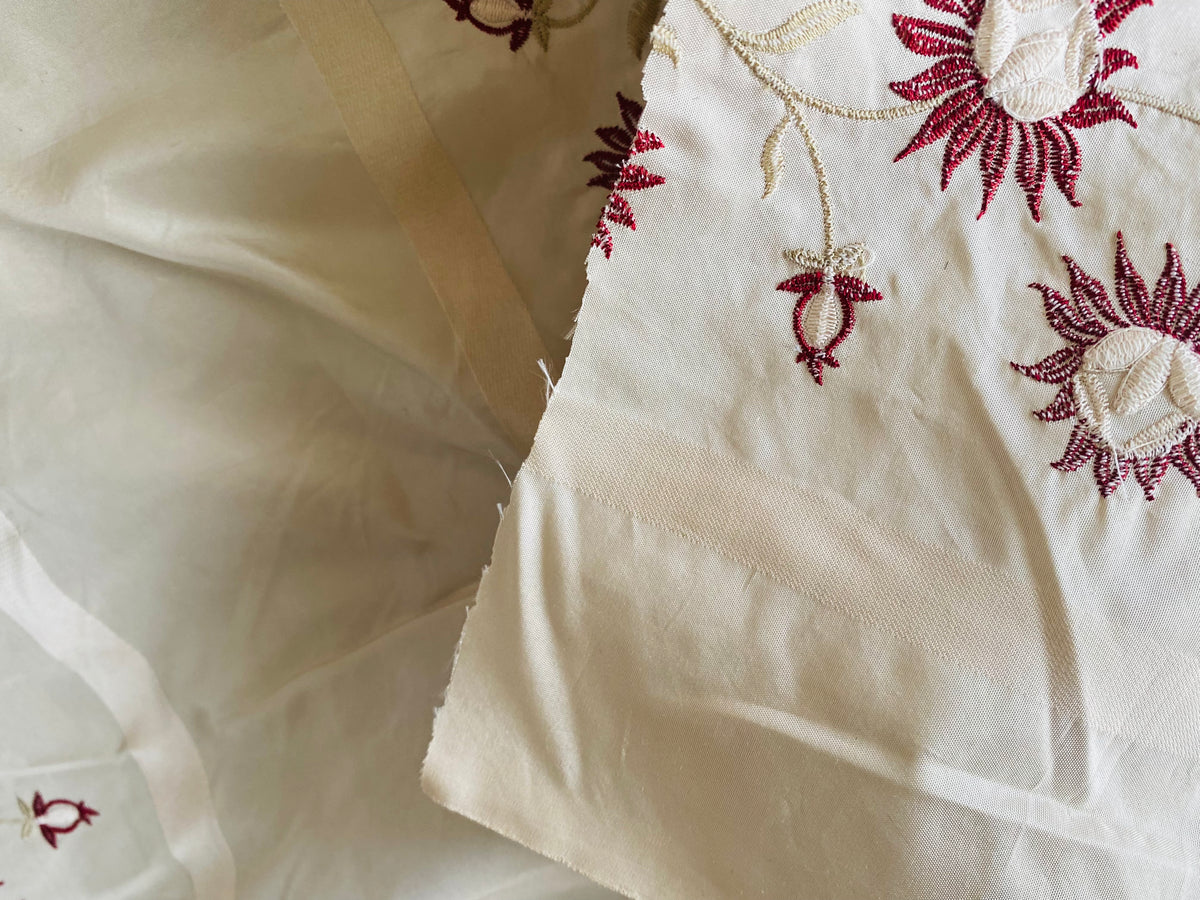 NEW Duchess Getty 100% Silk Taffeta Embroidered Scroll Stripe Floral Motif Cream White and Burgundy Red - Fancy Styles Fabric Pierre Frey Lee Jofa Brunschwig & Fils