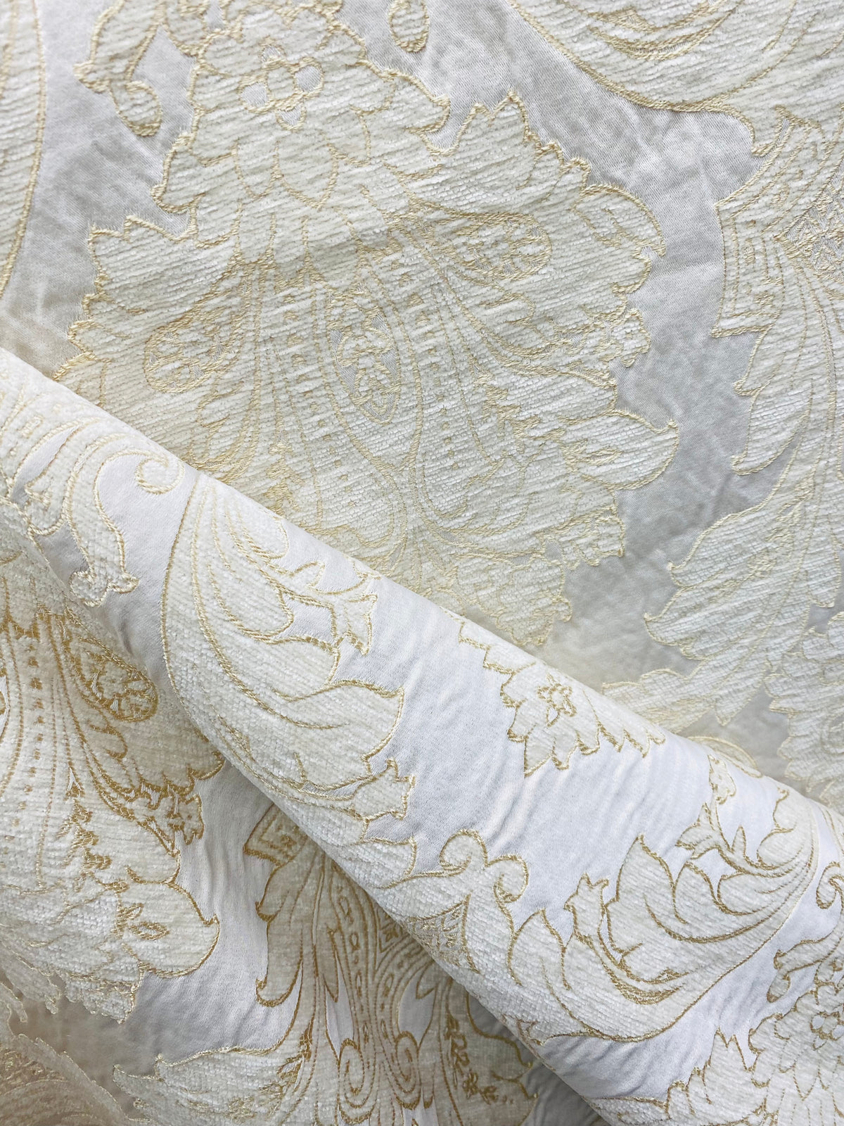 NEW Lady Daniella Designer Medallion Burnout Chenille Velvet Fabric - Brocade- White Cream Gold - Fancy Styles Fabric Pierre Frey Lee Jofa Brunschwig & Fils