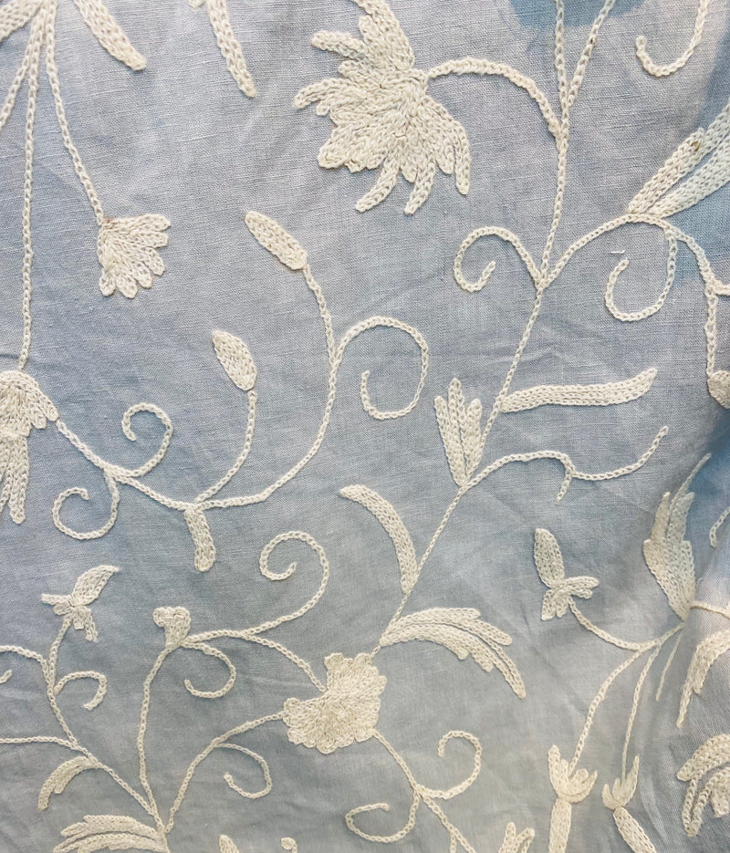 NEW! SALE! Lady Daisy Novelty Crewel Embroidered 100% Cotton Fabric Light Blue and White