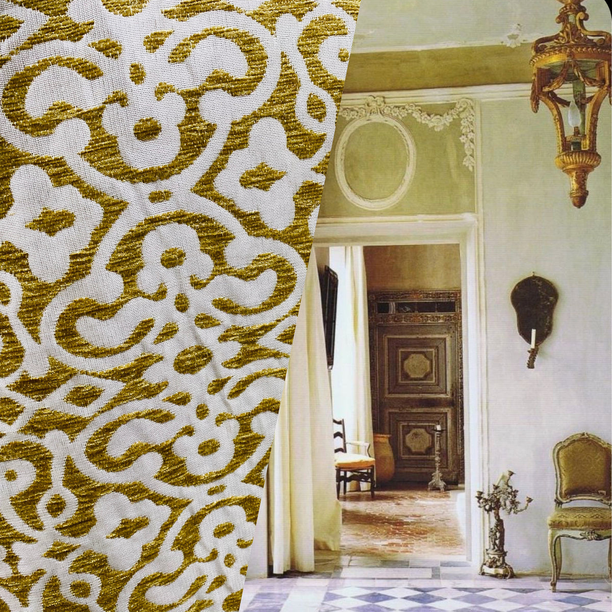 NEW! Duchess Eve Antique Inspired French Burnout Chenille Damask Velvet Fabric- Mustard Yellow - Fancy Styles Fabric Pierre Frey Lee Jofa Brunschwig & Fils