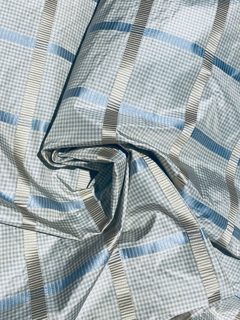 Miss Jaqueline Designer 100% Silk Taffeta Gingham Ribbon Square Stripes Fabric - Blue and Gold SB_6_28